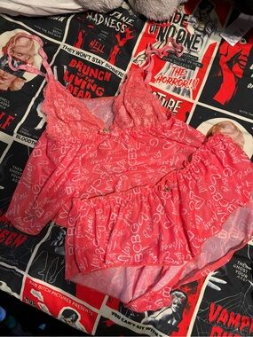 BCBG Coral Pink Lace-Trim Logo Satin Chemise & Shorts Set
